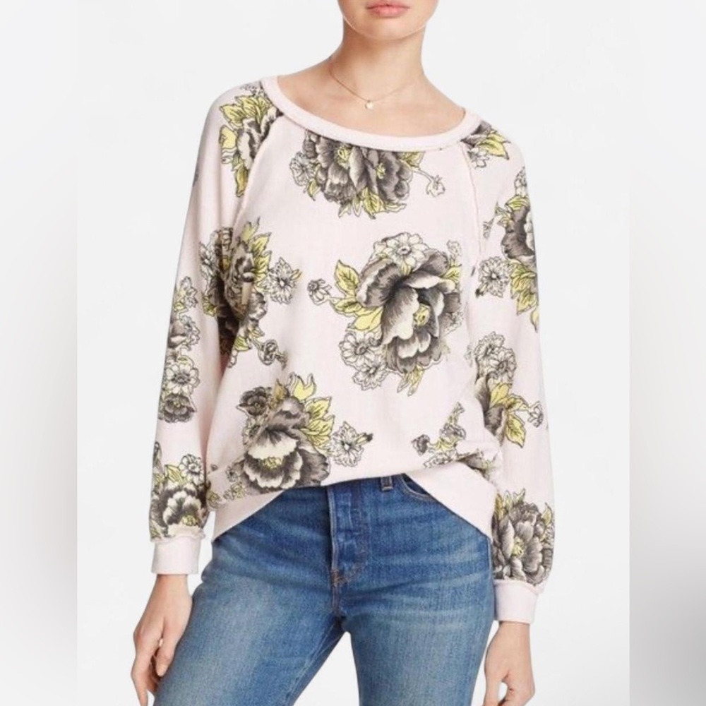 Free People Floral Crew Neck Sweater - Yellow/Cream, Gray, and Light Pink